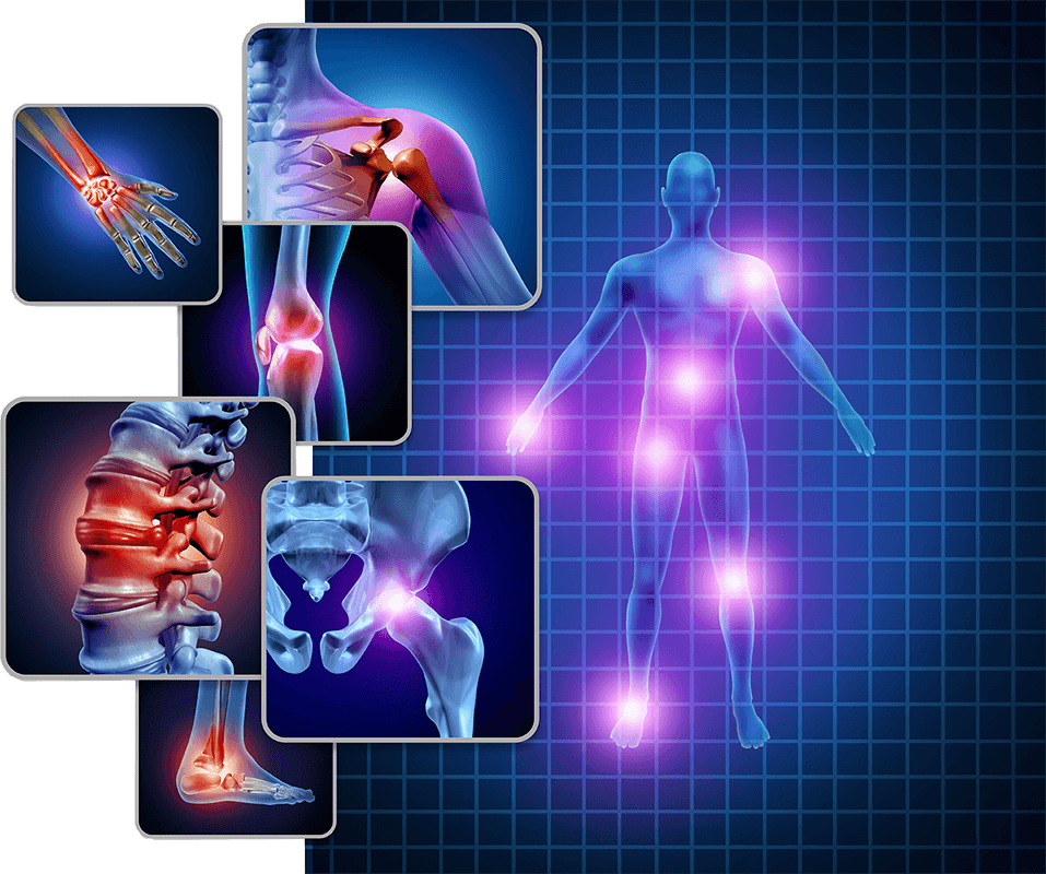 Large image of human body with hot spots and inset photos that show shoulder wrist knee spine back foot and hip alternative pain solutions